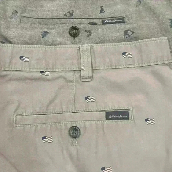 Lot Of 2 Eddie Bauer Chino Khaki Shorts American Flag Print Tag 40 (Act 42) READ - Picture 9 of 16